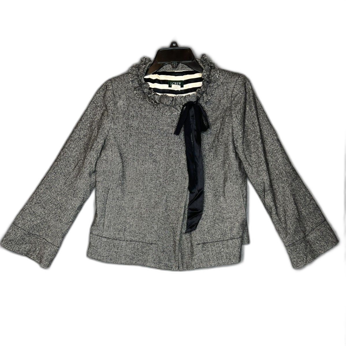 J Crew Y2k Cheshire Ruffle Tie Neck Jacket Gray Tweed (6)